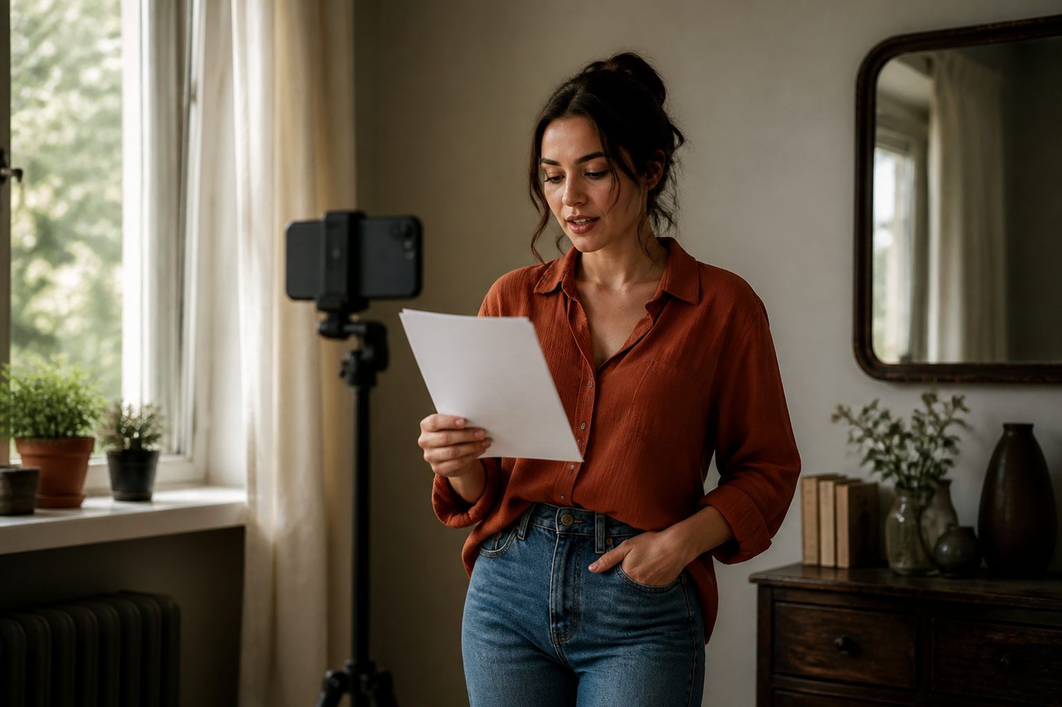 Pessoa adulta prepara um self-tape simples perto de uma janela