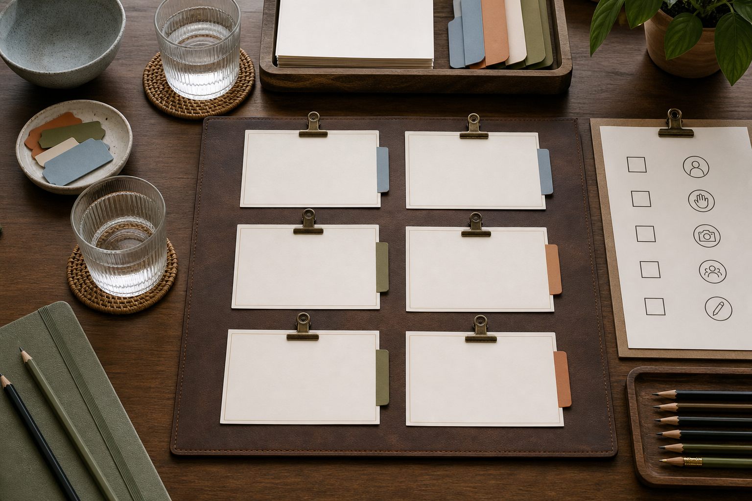 Mesa de casting organizada sem dados pessoais visíveis