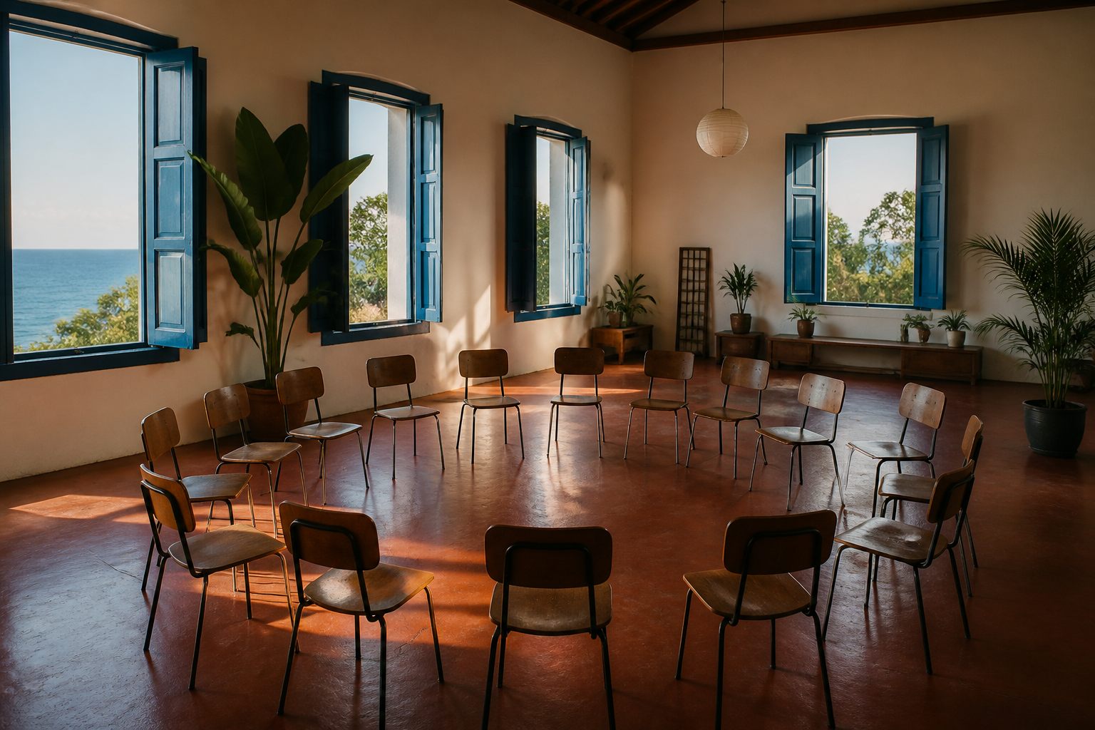Sala de ensaio vazia com cadeiras em círculo e luz natural